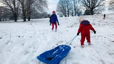 Children pulling a sledge up a snowy hill Stock Footage 88493703