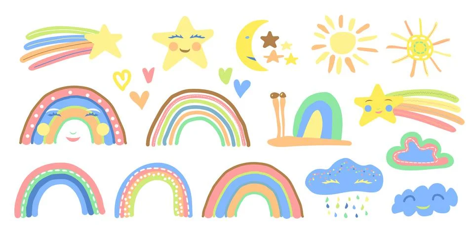Children Rainbow, Sun, Cloud, Snail, Star and Heart Pastel Hand Drawn Vector  Stock Illustration