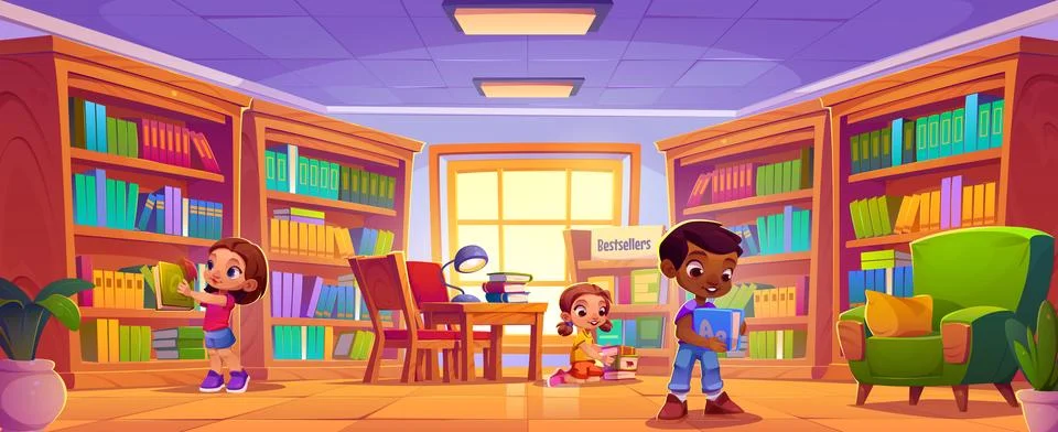 Children read book and study in school library Ilustración de archivo