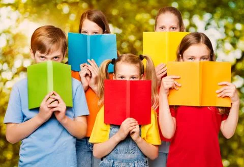 Children Read Books, Group of Kids Eyes behind Open Blank Book Cover Stock Photos