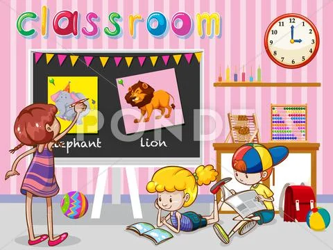 Children reading and painting in classroom Stock Illustration