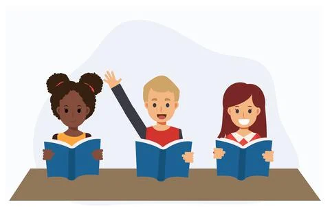 Children reading book in class. the boy is hand up to answer. study learning  Stock Illustration