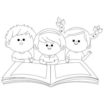 Children reading a book. Vector black and white coloring page. Stock Illustration