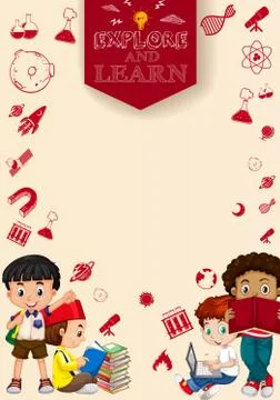 Children reading books and using computer Stock Illustration