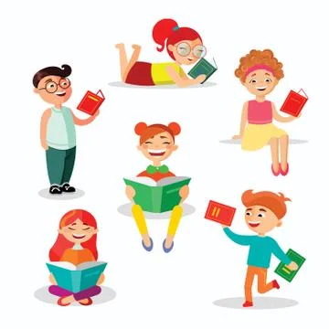 Children reading books set of vector illustrations in flat design. Happy girls Stock-Illustration