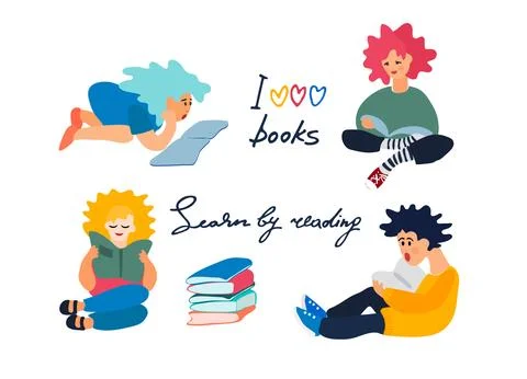 Children reading books. Set of vector illustration in flat style. Motivatio.. Stock Illustration