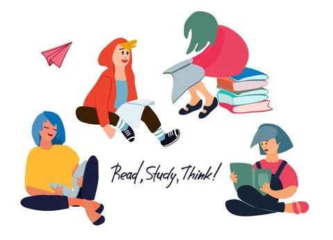 Children reading books. Set of vector illustration in flat style. Motivatio.. Stock Illustration
