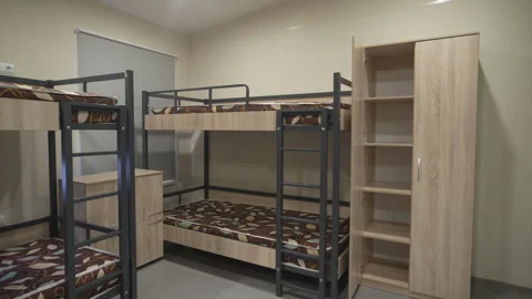 Children resting space features sleeping areas and wardrobe Stock Footage 314652188