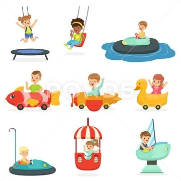 Children ride on attractions in the amusement park, set for label design Stock Illustration