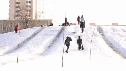 Children ride down a hill in winter on sleds and tubing, slow motion Video stock 314887133
