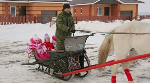 Children ride in a sleigh Stock Footage 44398553