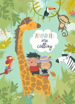 Children riding giraffe Stock Illustration