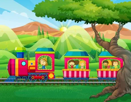 Children riding on the train Stock Illustration