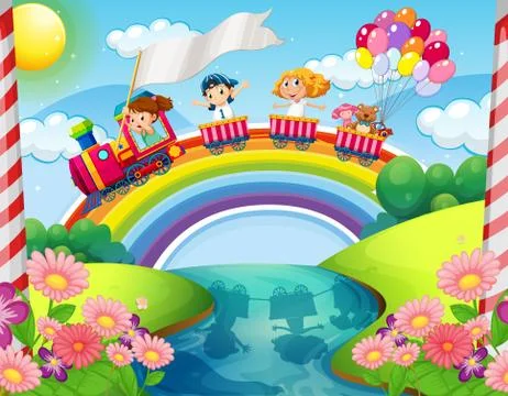 Children riding on train over rainbow Ilustração Stock