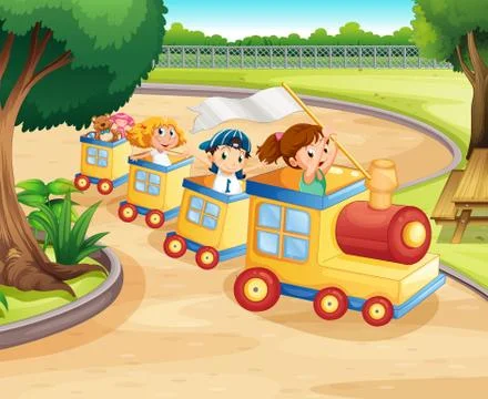 Children riding on the train in the park Stock Illustration