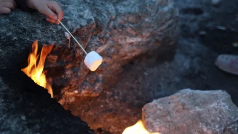 Children roast marshmallows on fire from Mount Chimera turkey in the evening Video stock 310494967