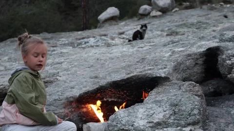 Children roast marshmallows on fire from Mount Chimera turkey in the evening 库存影片 310495723