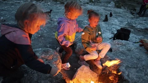 Children roast marshmallows on fire from Mount Chimera turkey in the evening 库存影片 310496015