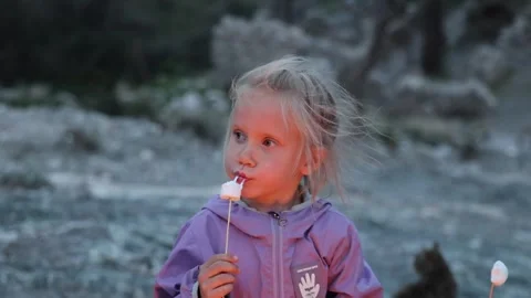 Children roast marshmallows on fire from Mount Chimera turkey in the evening 库存影片 310496832