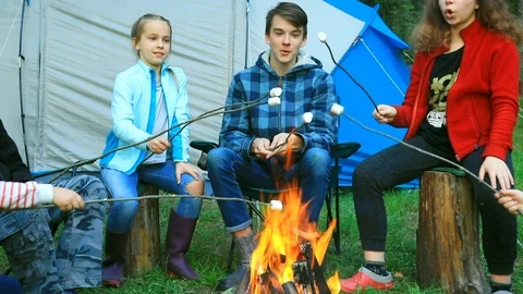 Children roasting marshmallows on camp fire outdoor 스톡 동영상 114564549