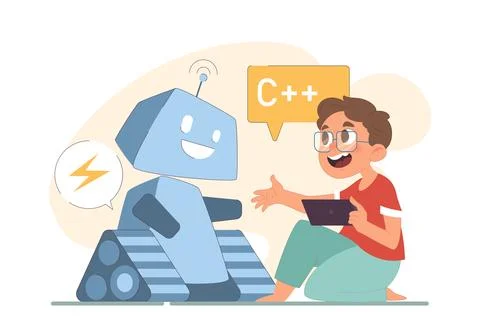 Children robotics educational course at school. Little boy learning 库存插图
