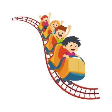 Children at roller coaster in flat design. Kids riding at extreme attractio.. Stockillustratie