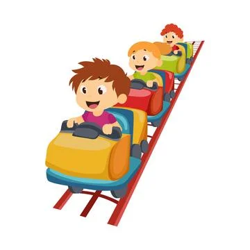 Children at roller coaster in flat design. Laughing kids enjoying attractio.. Stockillustratie