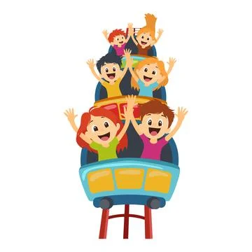 Children at roller coaster in flat design. Girls and boys riding at attract.. Stockillustratie