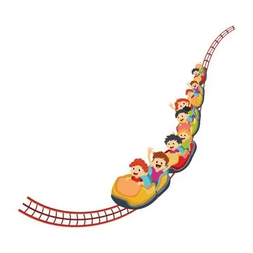 Children at roller coaster in flat design. Kids enjoying railway attraction.. Stockillustratie