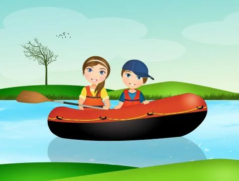 Children on rubber dinghy Stock Illustration