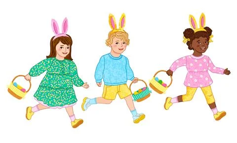 Children Run with Easter Baskets Stock Illustration