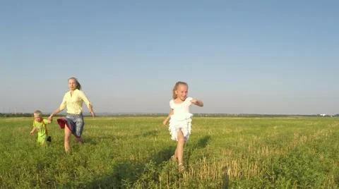 Children run in the meadow with a kite 库存影片 53307247