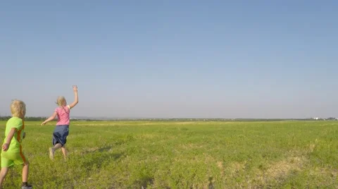 Children run in the meadow with a kite Video stock 53307732