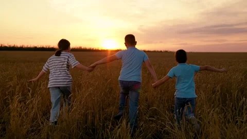 Children run through wheat field. Kids freedom, friends fun joy. Children Stock Footage 296191494