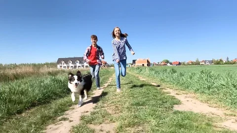 Children running with dog Stock Footage 107134978