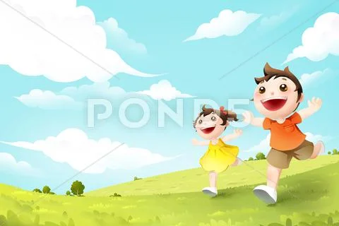 Children running on grassland Stock Illustration