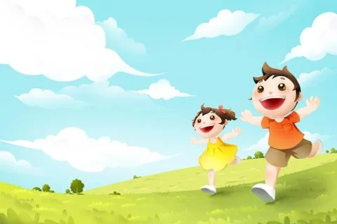 Children running on grassland Stock Illustration