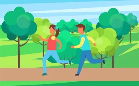 Children Running in Park Set, Vector Cartoon Icon Ilustración de archivo