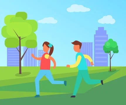 Children Running in Park Set, Vector Cartoon Icon Ilustración de archivo