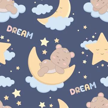 Children s cute pattern with a sleeping little bear, a crescent moon in the c Stock Illustration