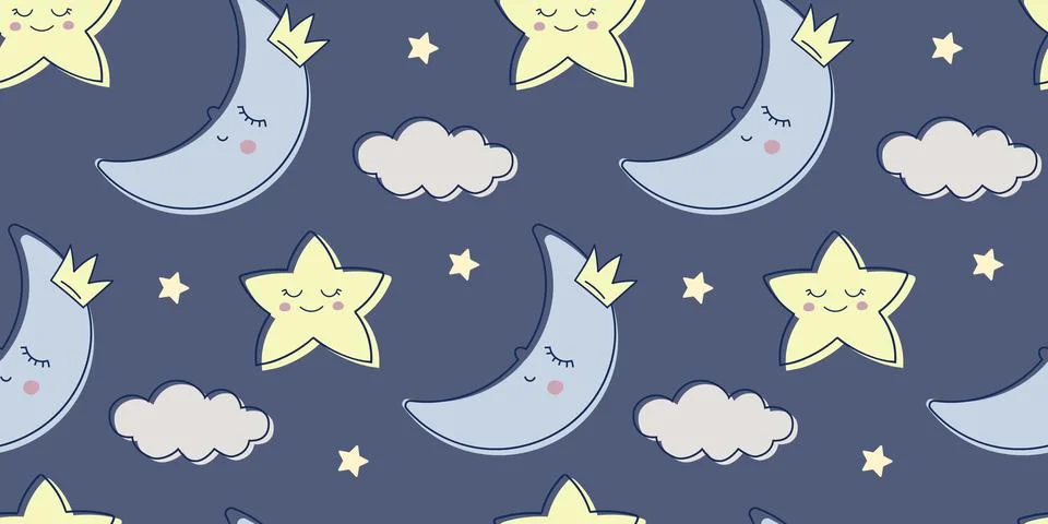 Children s cute pattern with a sleeping moon in a crown, clouds and stars. .. Stock Illustration