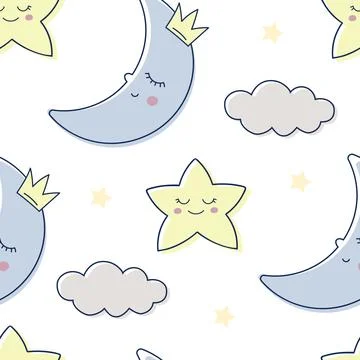 Children s cute pattern with a sleeping moon in a crown, clouds and stars. Ch Stock Illustration