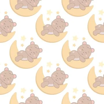 Children s cute pattern with a small bear cub sleeping on a crescent moon. Ch Stock Illustration