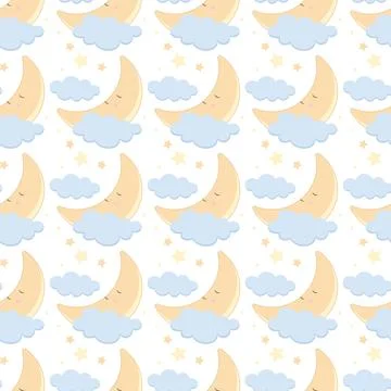 Children s cute pattern with a small sleeping crescent moon in the clouds. Ch Stockillustratie