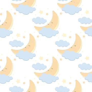 Children s cute pattern with a small sleeping crescent moon in the clouds. Ch Stock Illustration