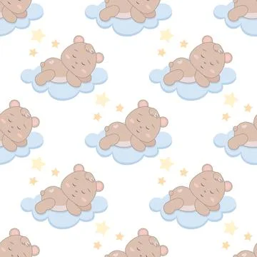Children s cute pattern with a small sleeping bear cub on the clouds. Childre Stock Illustration