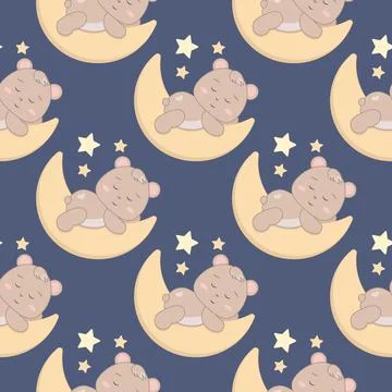 Children s cute pattern with a small bear cub sleeping on a crescent moon. .. Stock Illustration