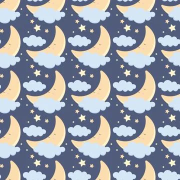 Children s cute pattern with a small sleeping crescent moon in the clouds. Ch Stock Illustration