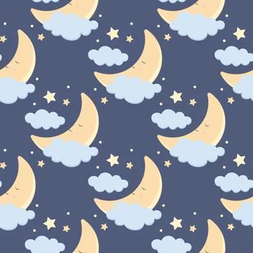 Children s cute pattern with a small sleeping crescent moon in the clouds. Ch Illustrazione stock