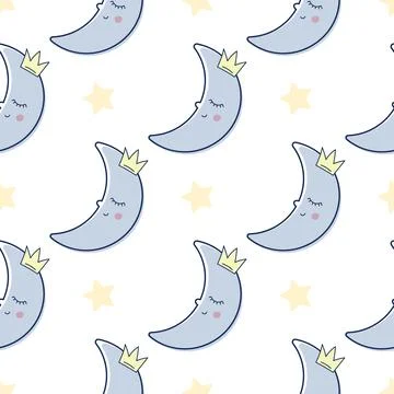 Children s cute pattern with a small sleeping crescent moon in the clouds. Ch Stock Illustration